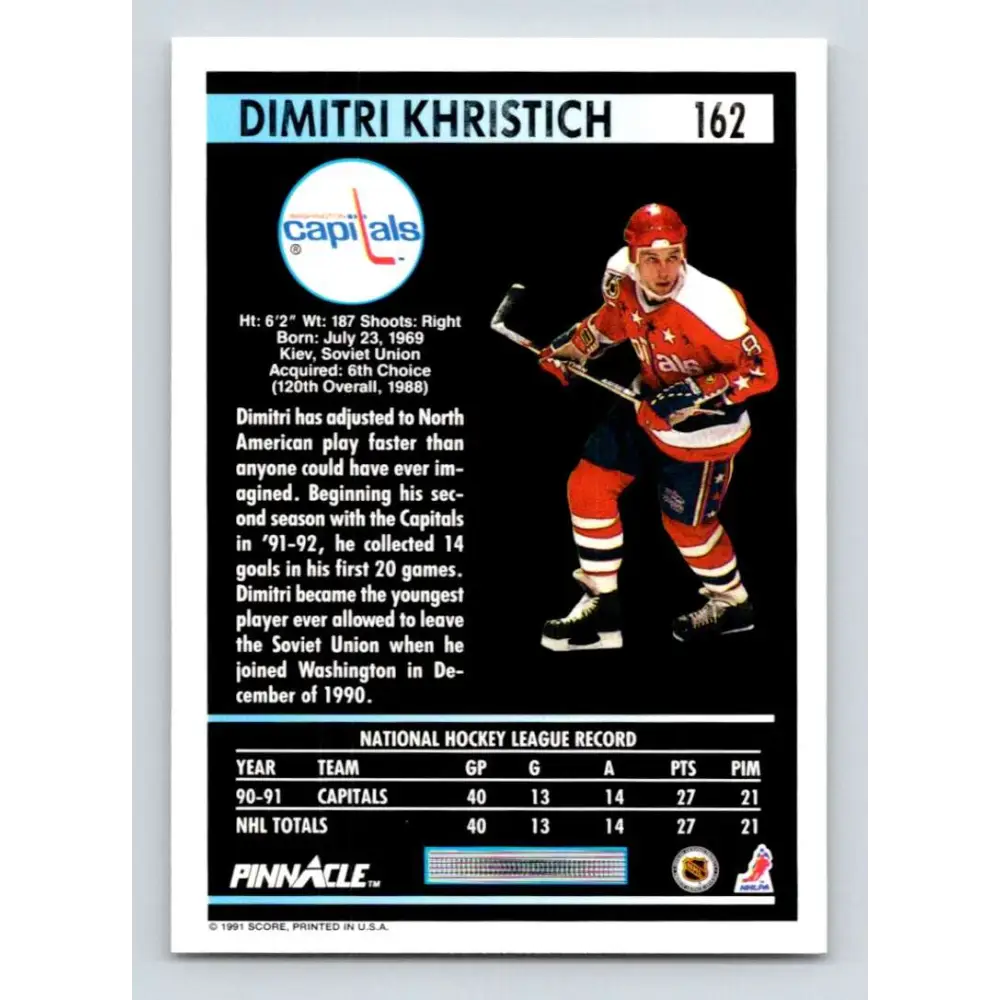 1991-92 Pinnacle #162 Dimitri Khristich NM-MT Washington Capitals Hockey Card Image 2