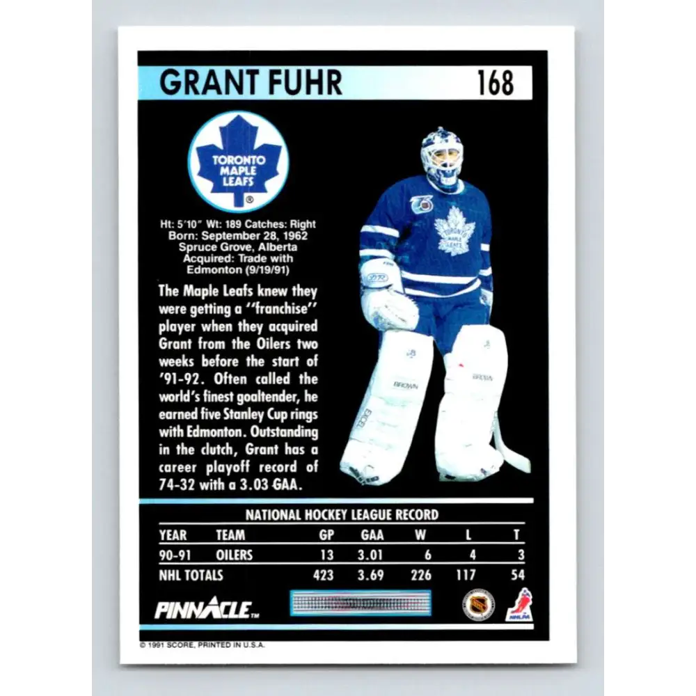 1991-92 Pinnacle #168 Grant Fuhr NM-MT Toronto Maple Leafs Hockey Card Image 2