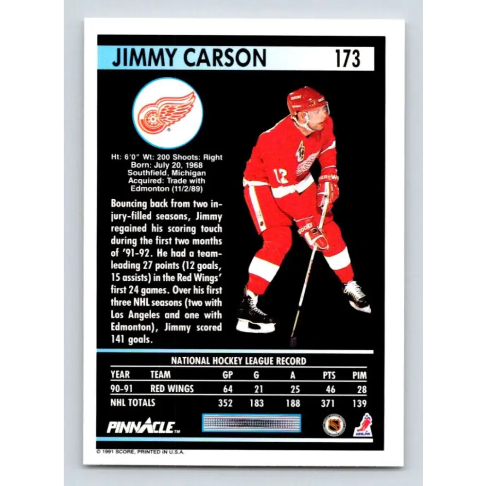 1991-92 Pinnacle #173 Jimmy Carson NM-MT Detroit Red Wings Hockey Card Image 2