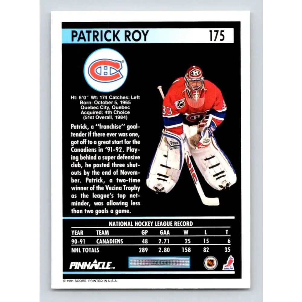 1991-92 Pinnacle #175 Patrick Roy NM-MT Montreal Canadiens Hockey Card Image 2