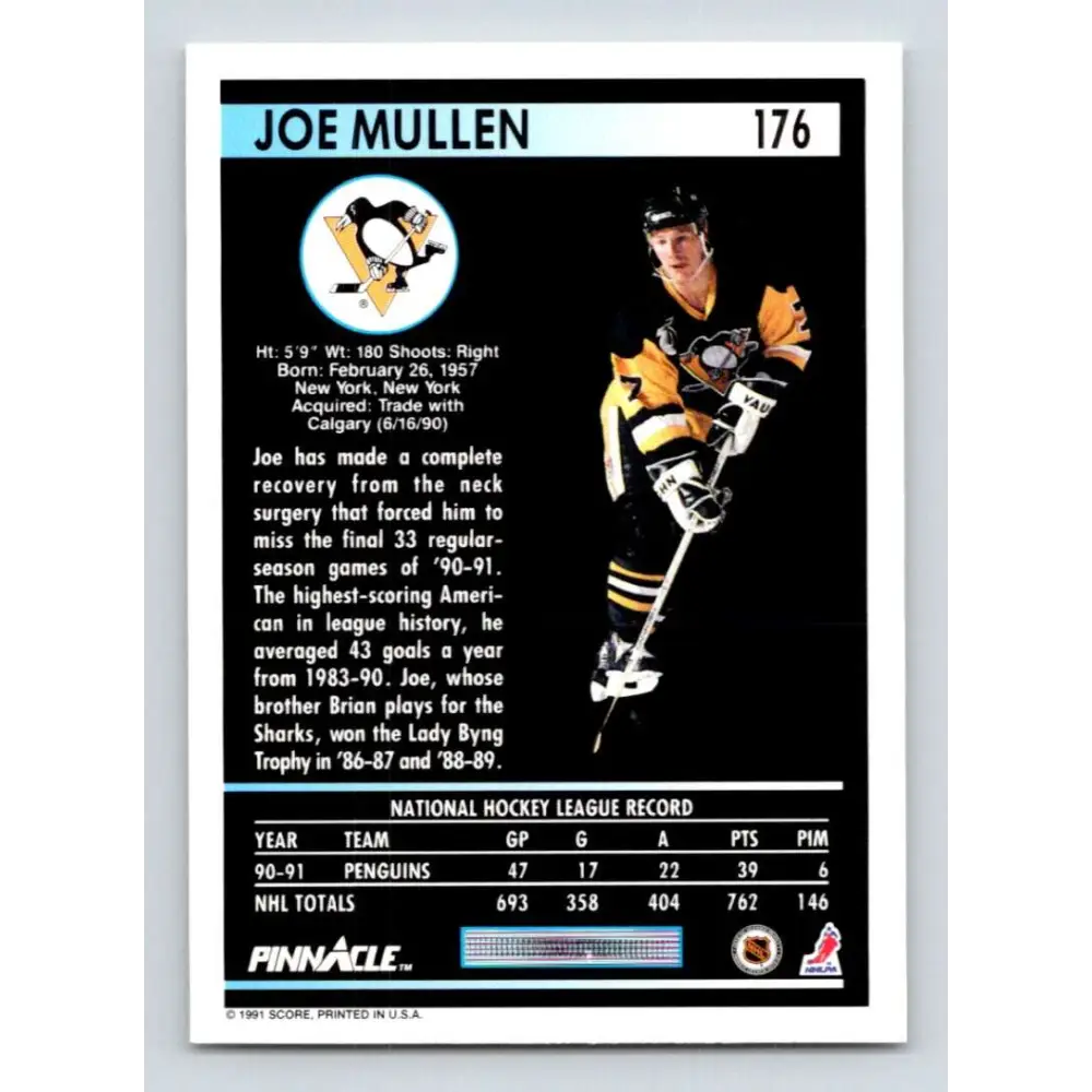 1991-92 Pinnacle #176 Joe Mullen NM-MT Pittsburgh Penguins Hockey Card Image 2