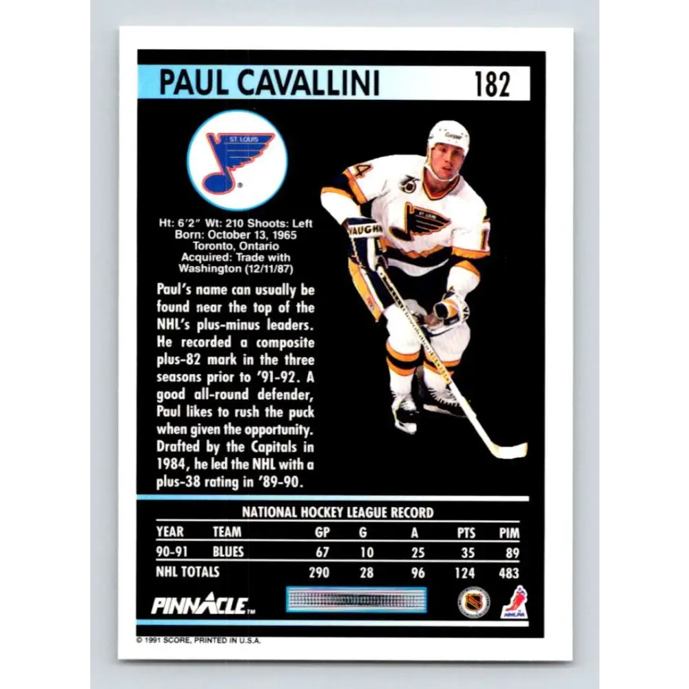 1991-92 Pinnacle #182 Paul Cavallini NM-MT St. Louis Blues Hockey Card Image 2