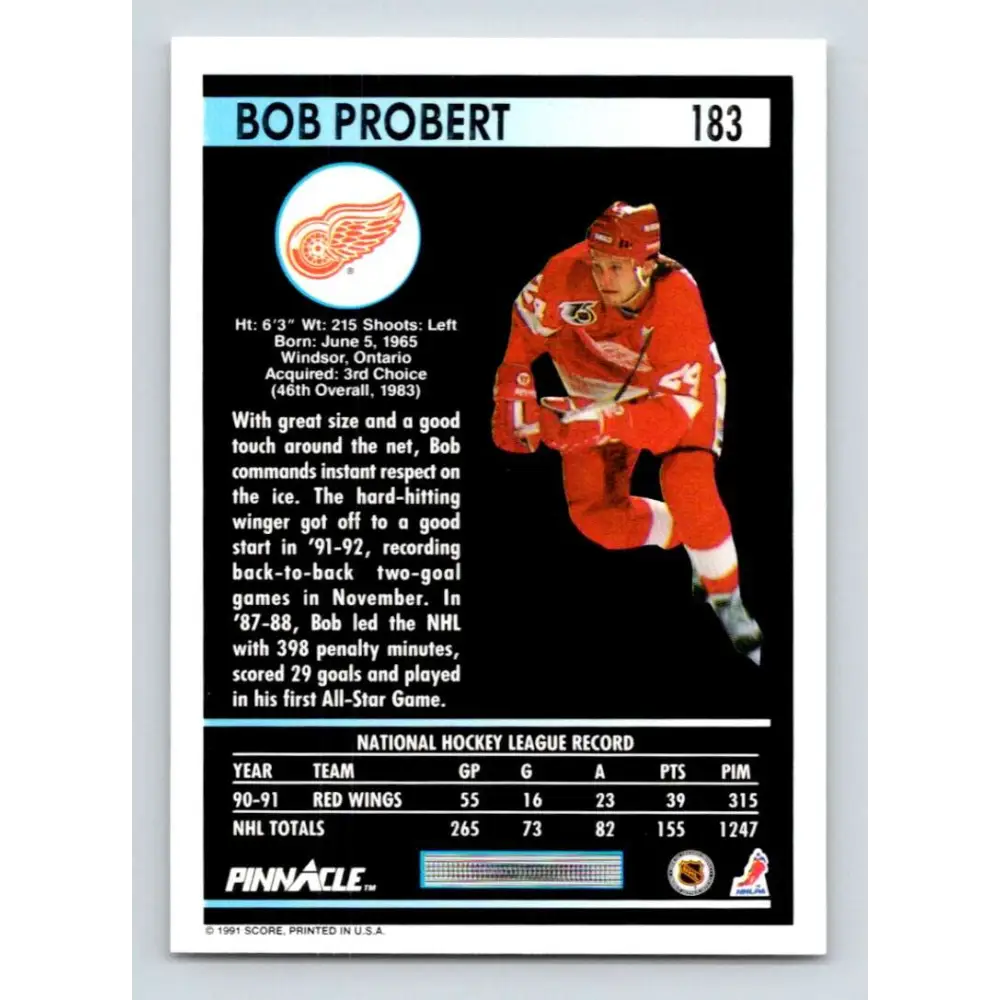 1991-92 Pinnacle #183 Bob Probert NM-MT Detroit Red Wings Hockey Card Image 2