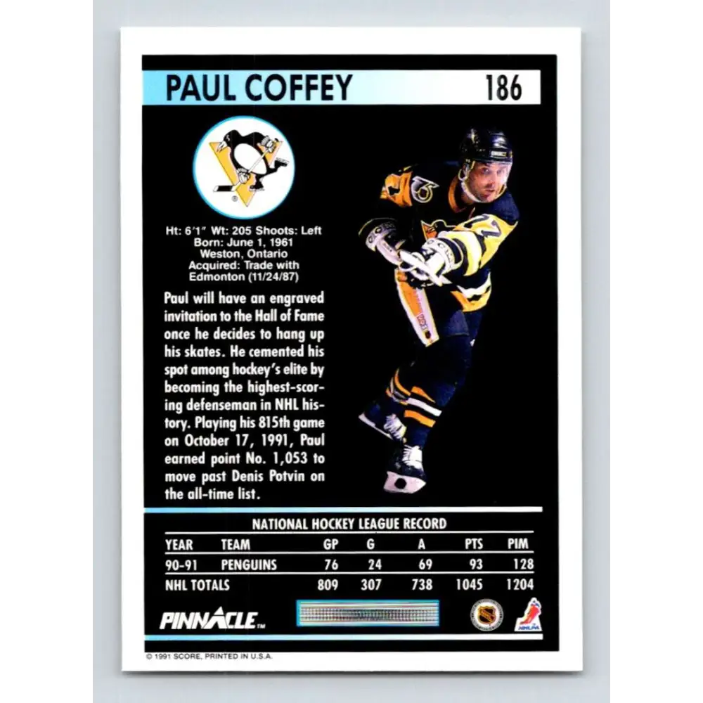 1991-92 Pinnacle #186 Paul Coffey NM-MT Pittsburgh Penguins Hockey Card Image 2