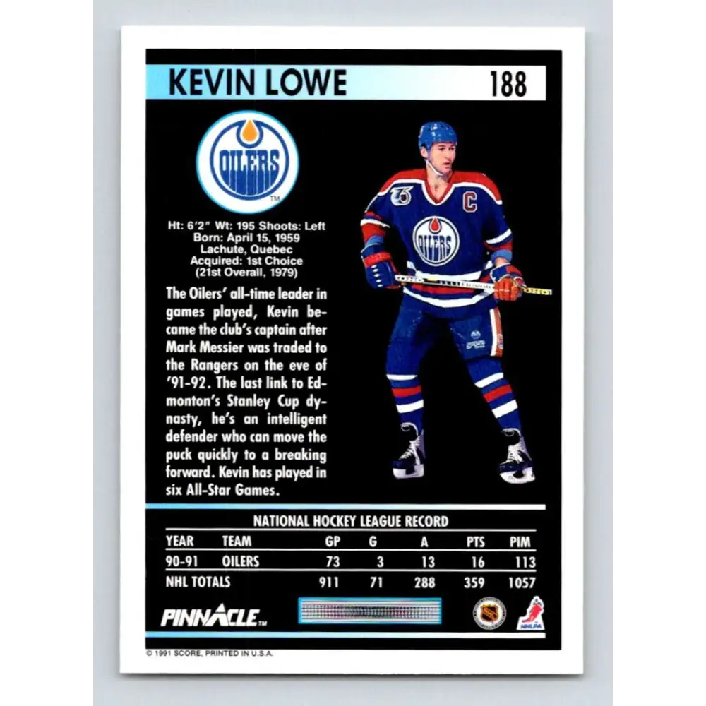 1991-92 Pinnacle #188 Kevin Lowe NM-MT Edmonton Oilers Hockey Card Image 2