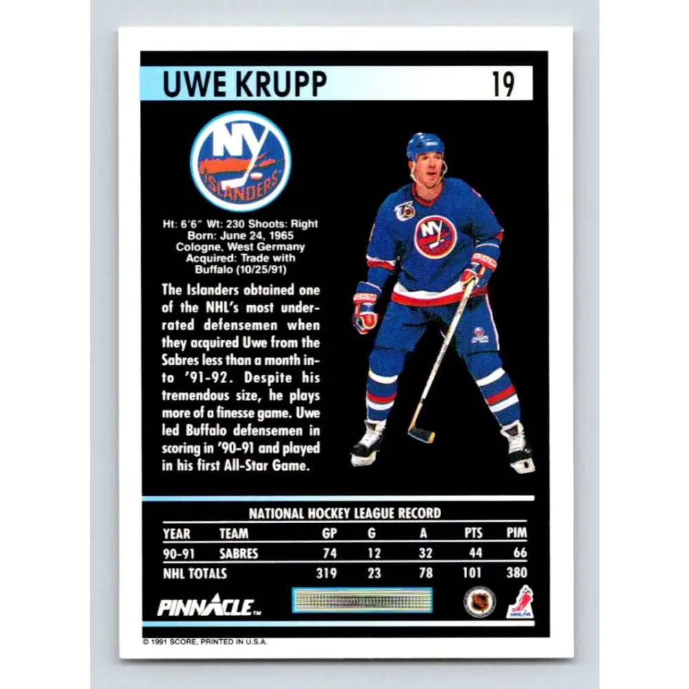 1991-92 Pinnacle #19 Uwe Krupp NM-MT New York Islanders Hockey Card Image 2