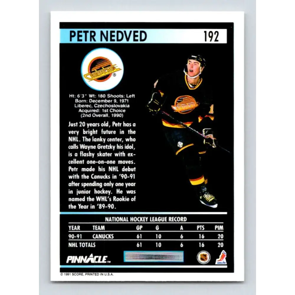 1991-92 Pinnacle #192 Petr Nedved NM-MT Vancouver Canucks Hockey Card Image 2