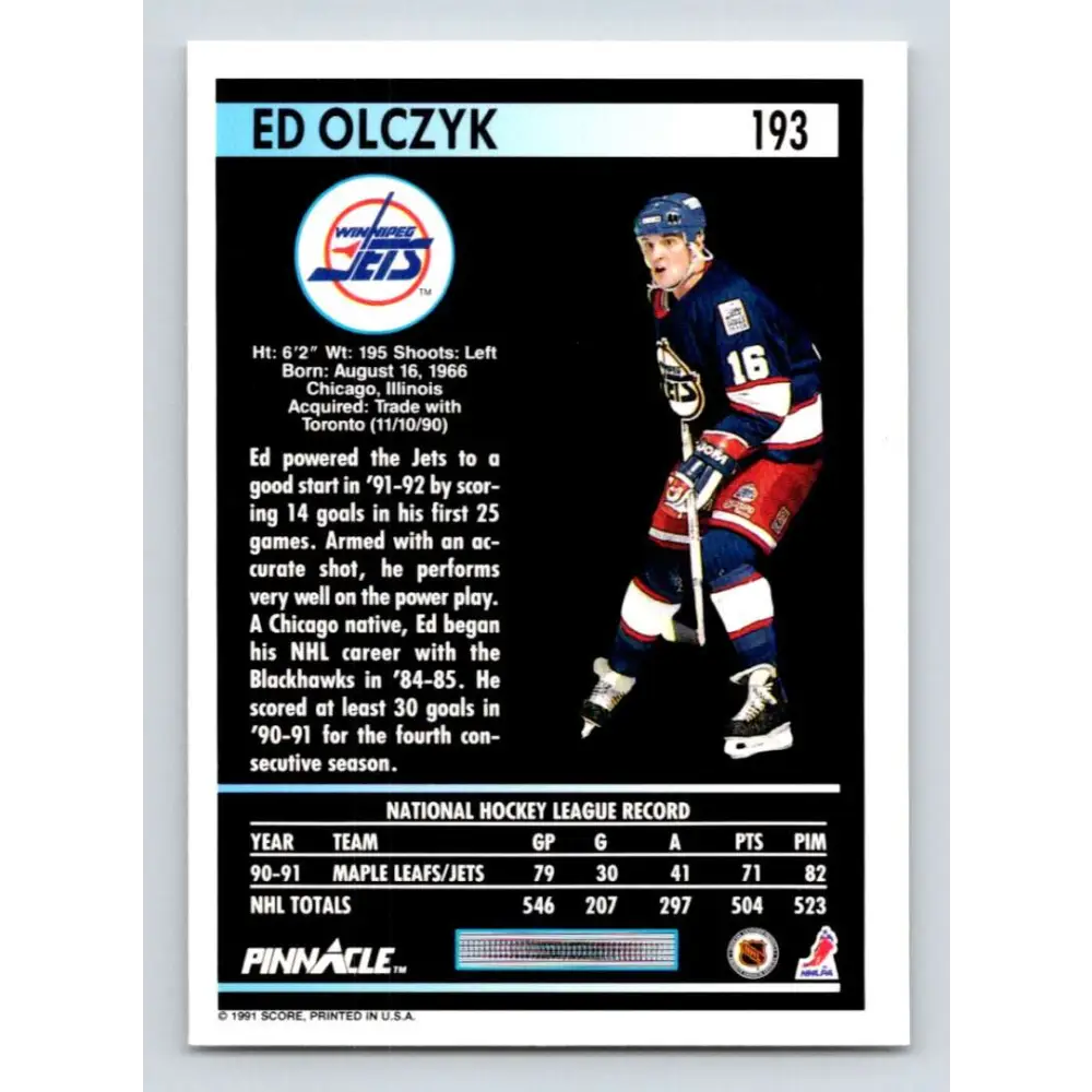 1991-92 Pinnacle #193 Ed Olczyk NM-MT Winnipeg Jets Hockey Card Image 2