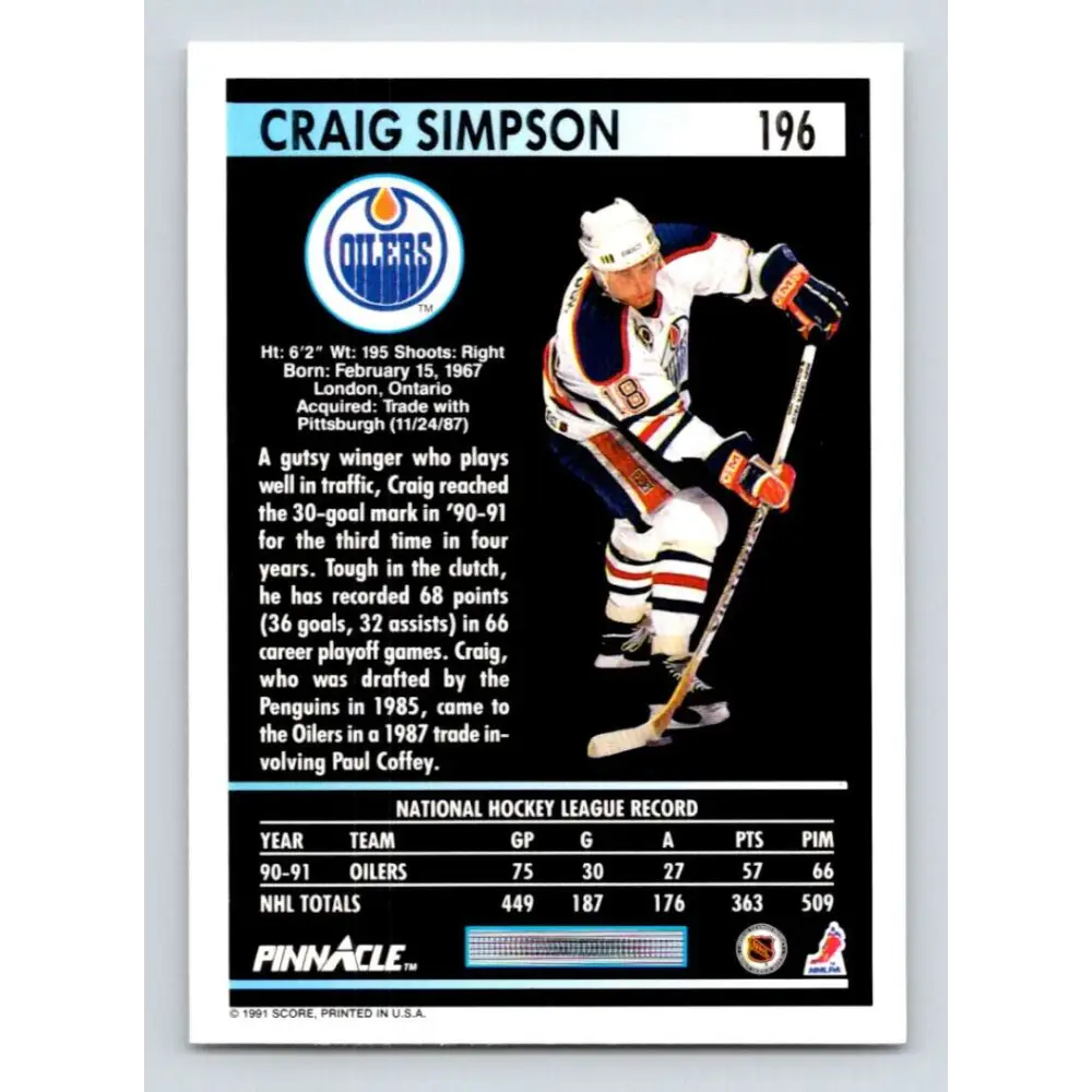 1991-92 Pinnacle #196 Craig Simpson NM-MT Edmonton Oilers Hockey Card Image 2