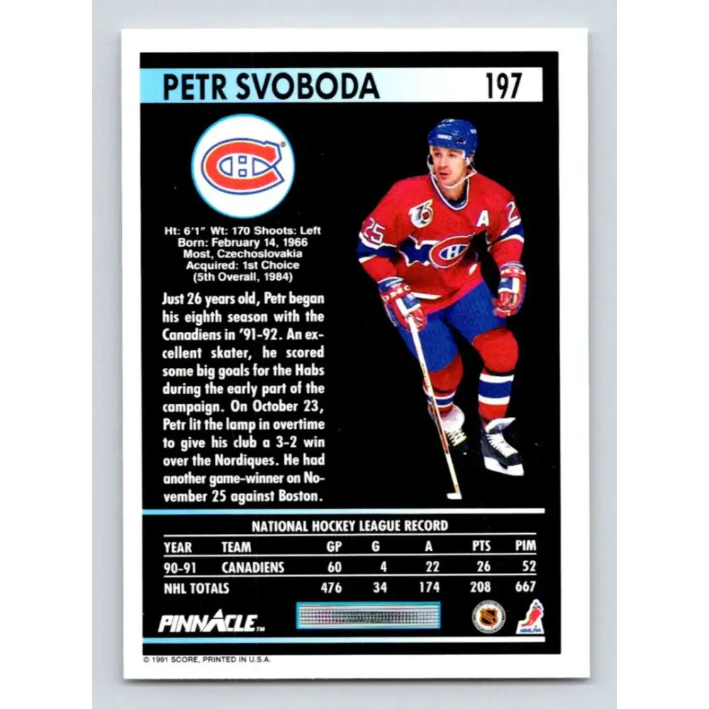 1991-92 Pinnacle #197 Petr Svoboda NM-MT Montreal Canadiens Hockey Card Image 2