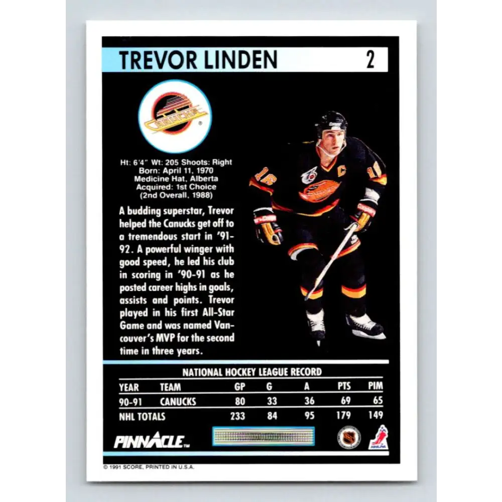 1991-92 Pinnacle #2 Trevor Linden NM-MT Vancouver Canucks Hockey Card Image 2
