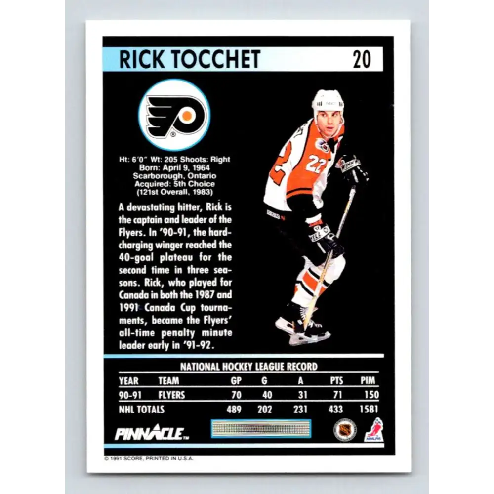1991-92 Pinnacle #20 Rick Tocchet NM-MT Philadelphia Flyers Hockey Card Image 2
