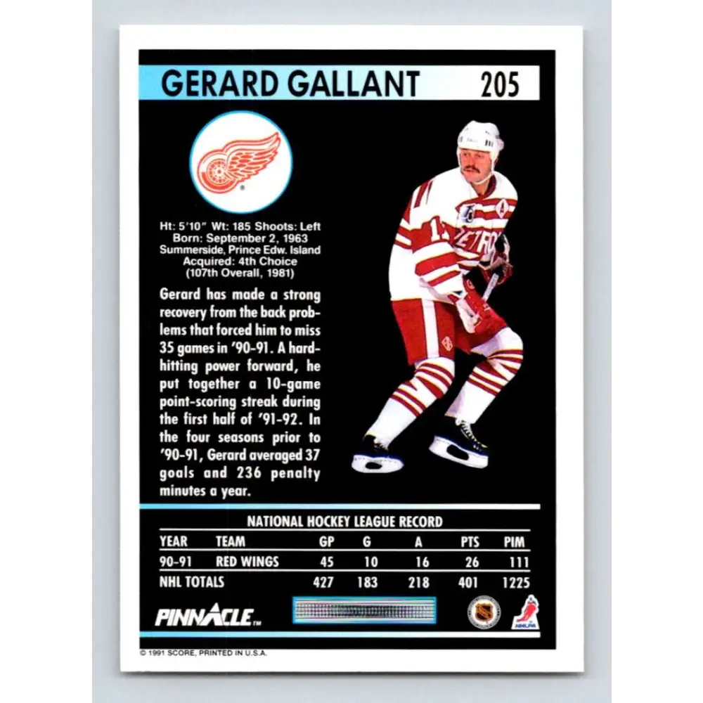 1991-92 Pinnacle #205 Gerard Gallant NM-MT Detroit Red Wings Hockey Card Image 2