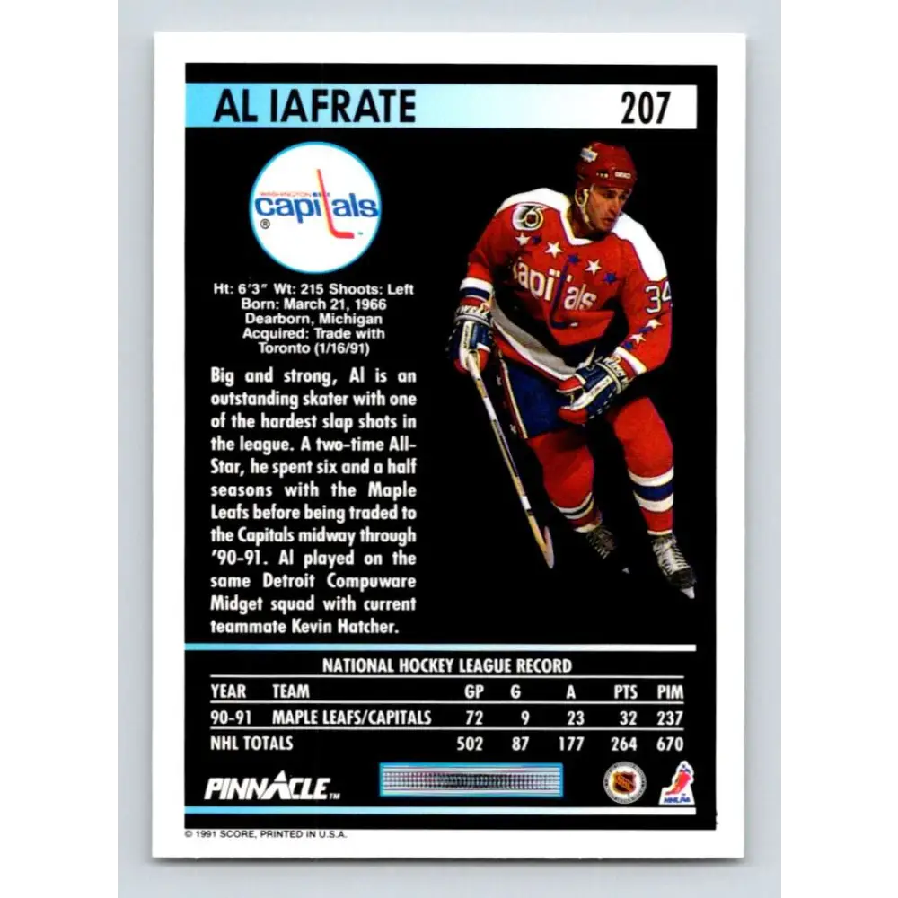 1991-92 Pinnacle #207 Al Iafrate NM-MT Washington Capitals Hockey Card Image 2