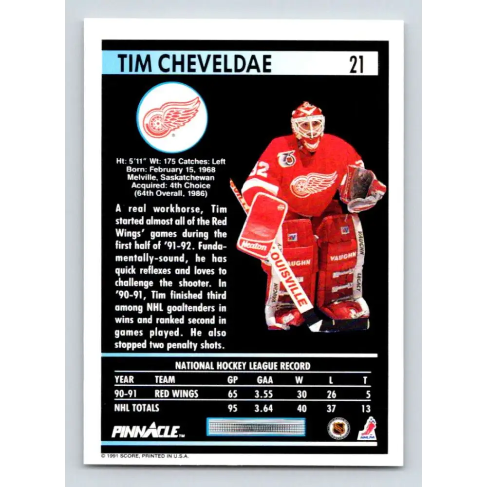 1991-92 Pinnacle #21 Tim Cheveldae NM-MT Detroit Red Wings Hockey Card Image 2
