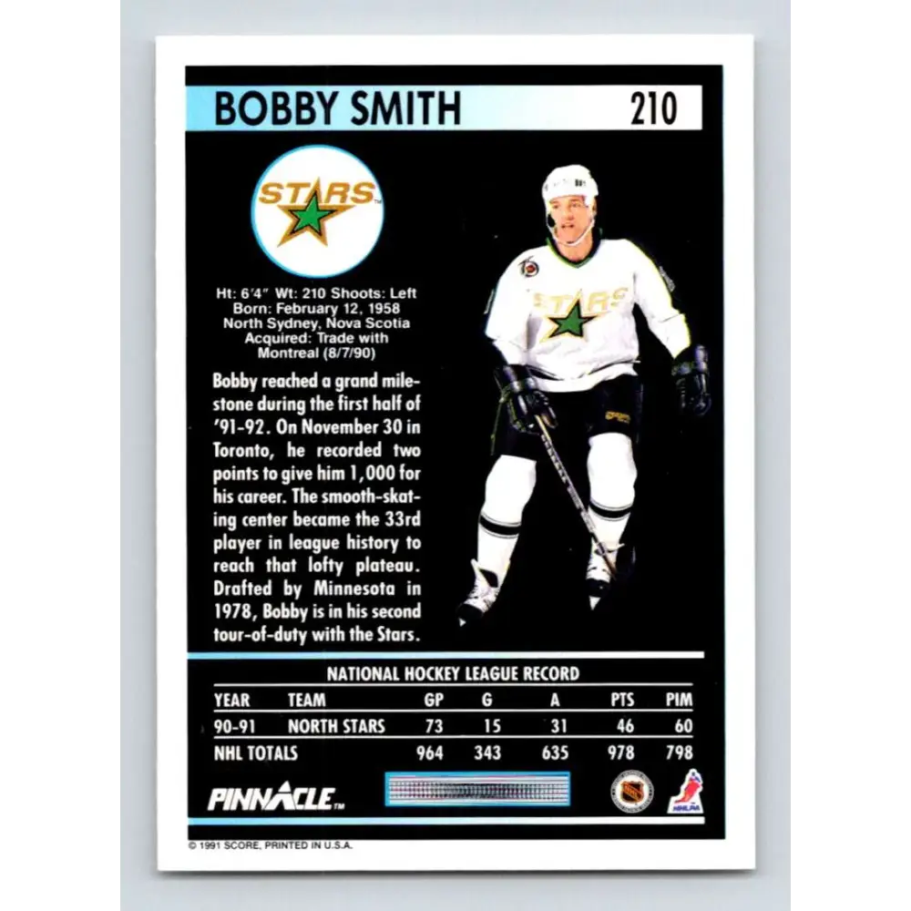 1991-92 Pinnacle #210 Bobby Smith NM-MT Minnesota North Stars Hockey Card Image 2