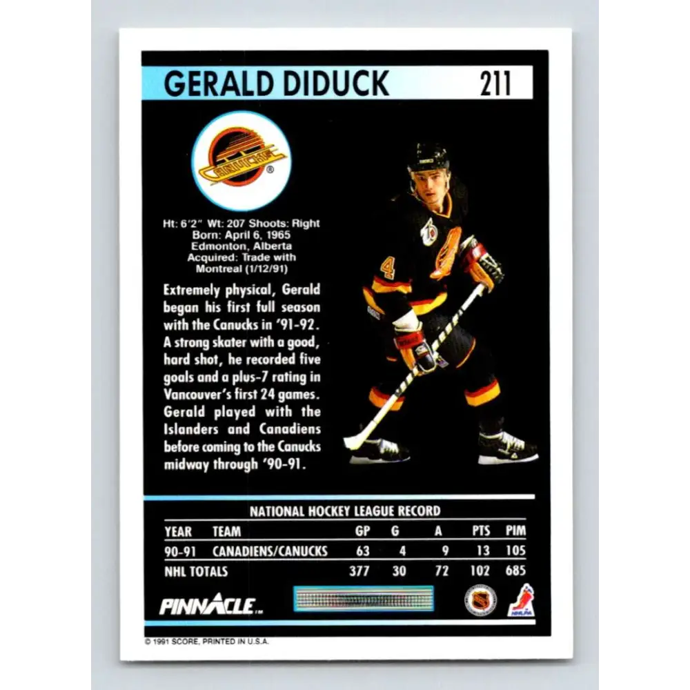 1991-92 Pinnacle #211 Gerald Diduck NM-MT Vancouver Canucks Hockey Card Image 2