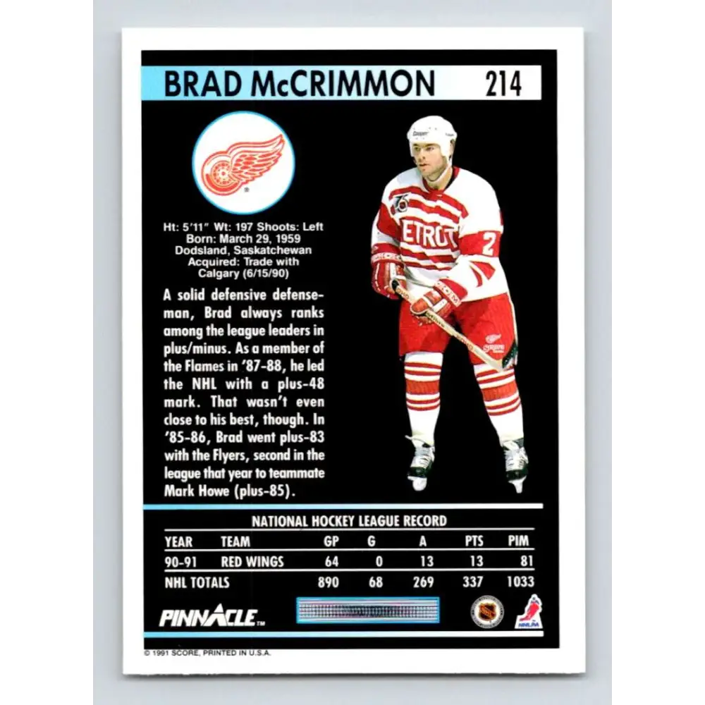 1991-92 Pinnacle #214 Brad McCrimmon NM-MT Detroit Red Wings Hockey Card Image 2