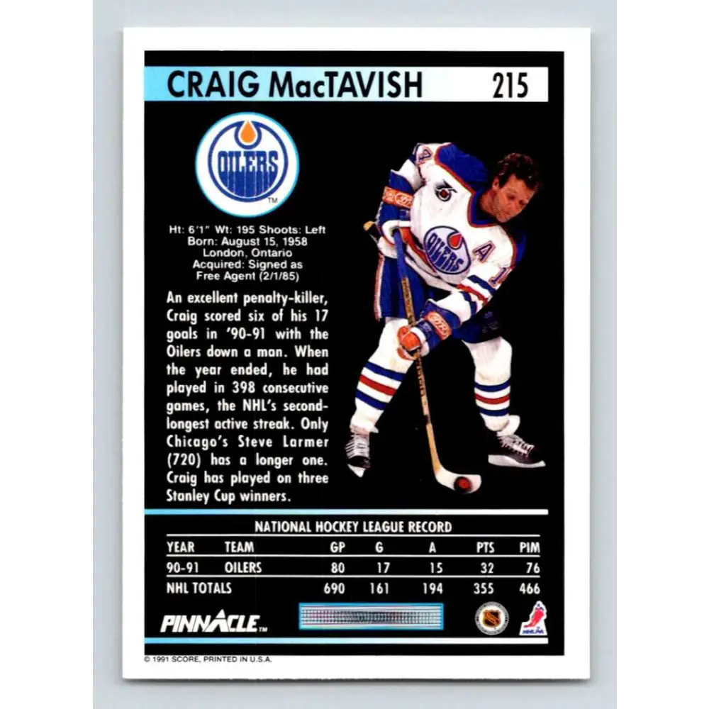 1991-92 Pinnacle #215 Craig MacTavish NM-MT Edmonton Oilers Hockey Card Image 2