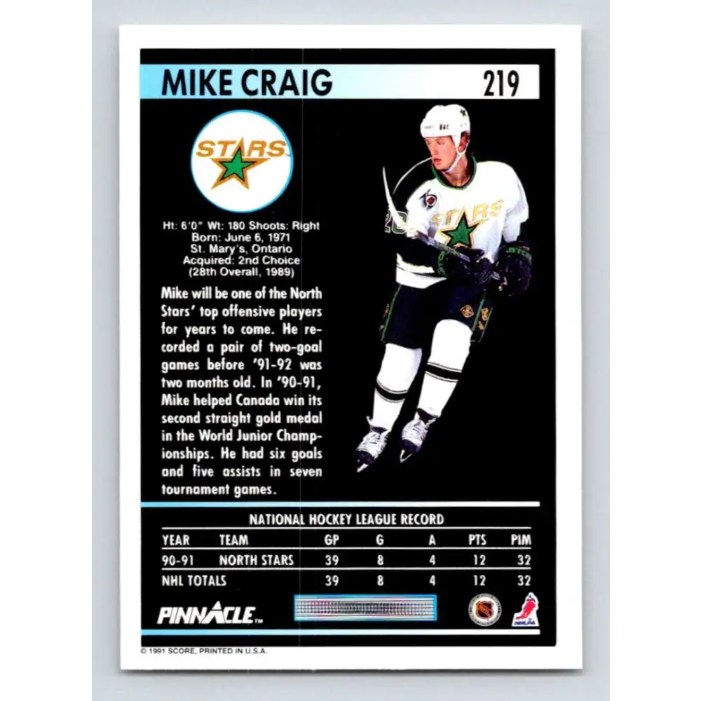 1991-92 Pinnacle #219 Mike Craig NM-MT Minnesota North Stars Hockey Card Image 2