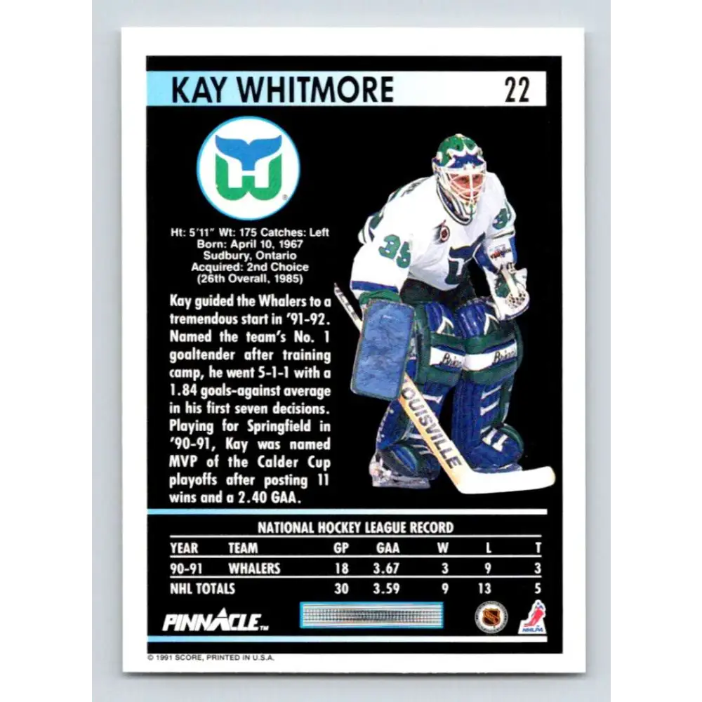 1991-92 Pinnacle #22 Kay Whitmore NM-MT Hartford Whalers Hockey Card Image 2