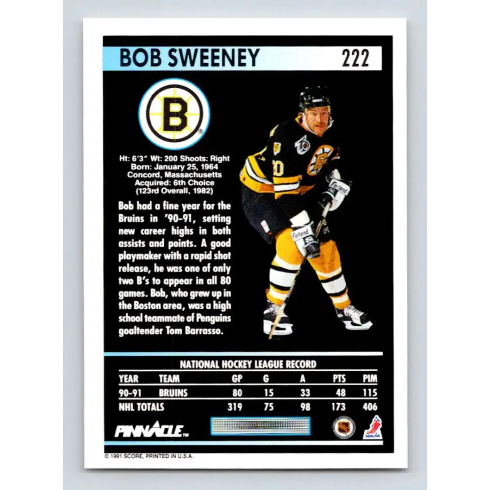 1991-92 Pinnacle #222 Bob Sweeney NM-MT Boston Bruins Hockey Card Image 2