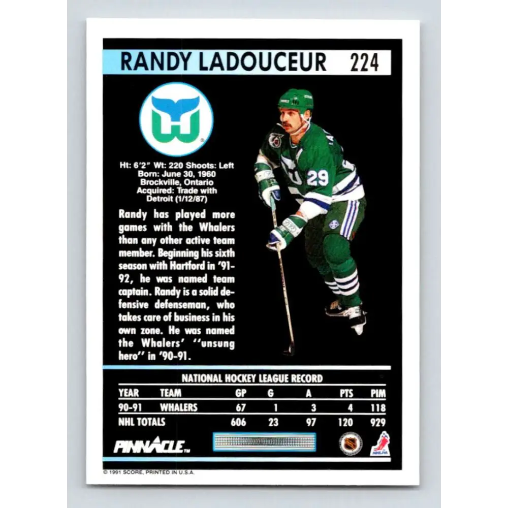 1991-92 Pinnacle #224 Randy Ladouceur NM-MT Hartford Whalers Hockey Card Image 2