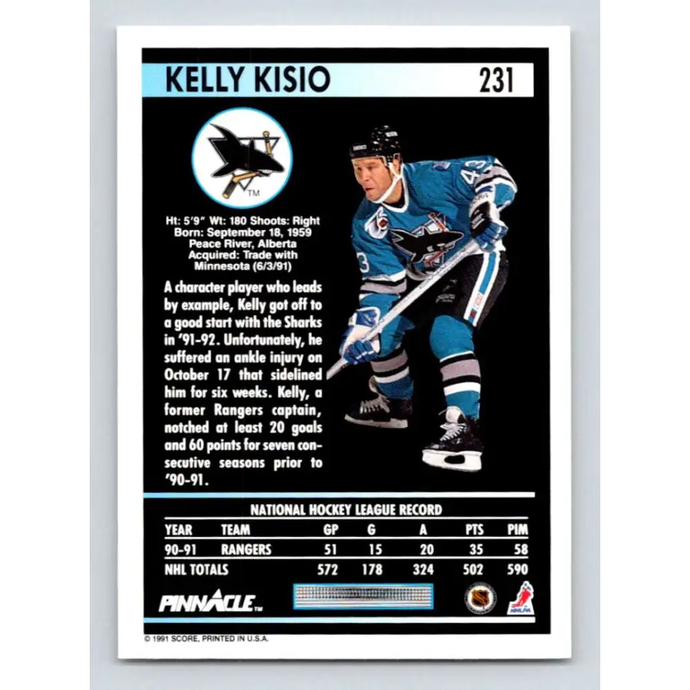 1991-92 Pinnacle #231 Kelly Kisio NM-MT San Jose Sharks Hockey Card Image 2