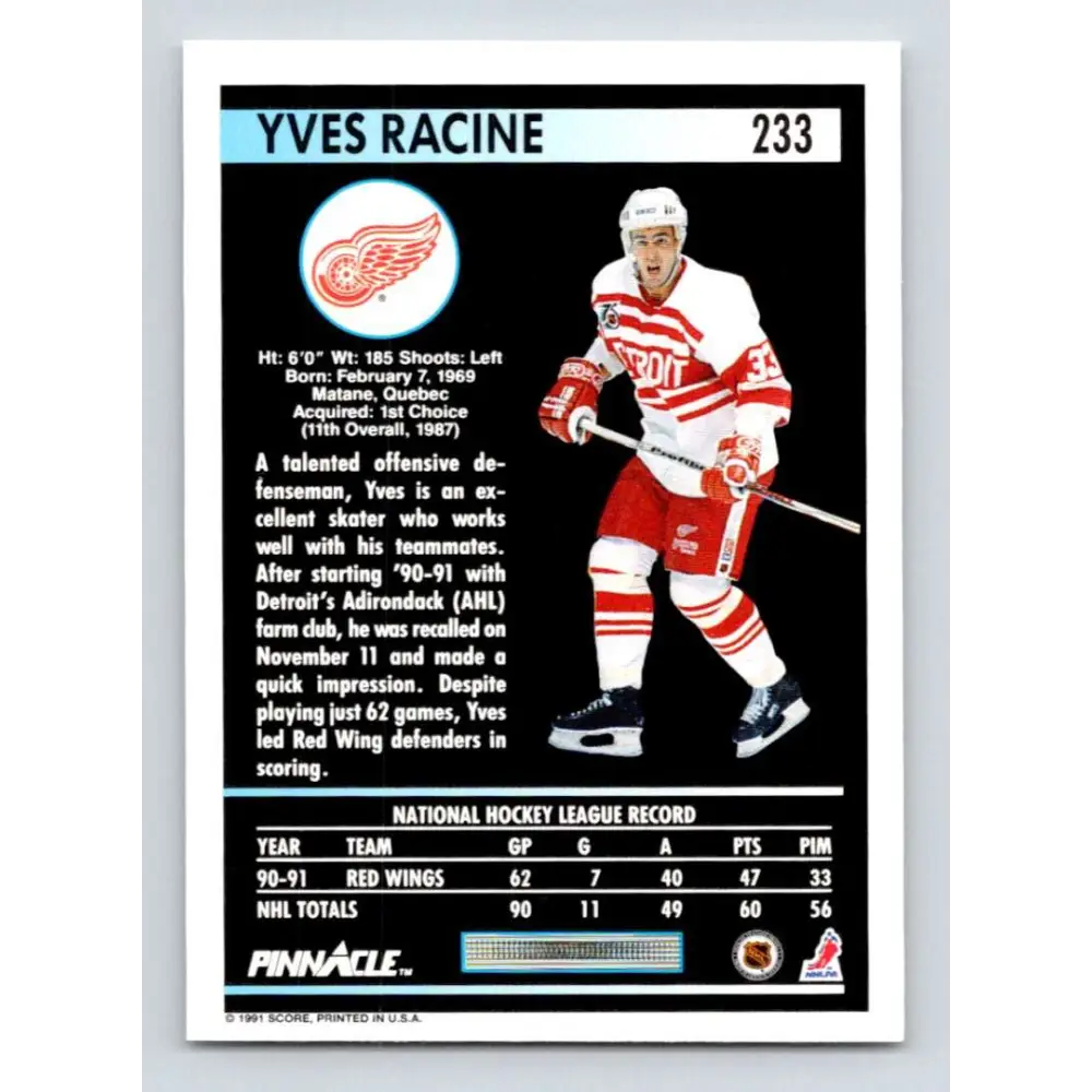 1991-92 Pinnacle #233 Yves Racine NM-MT Detroit Red Wings Hockey Card Image 2