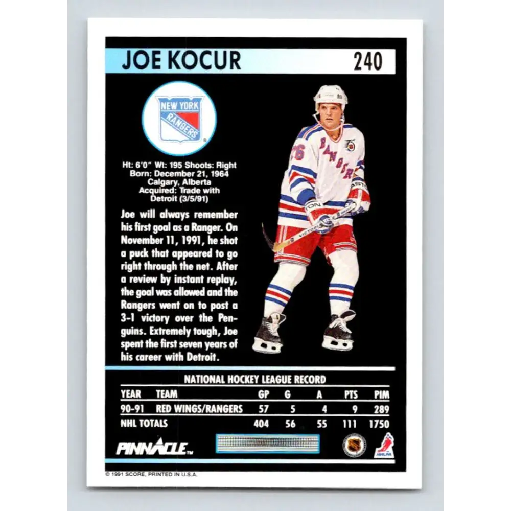 1991-92 Pinnacle #240 Joey Kocur NM-MT New York Rangers Hockey Card Image 2