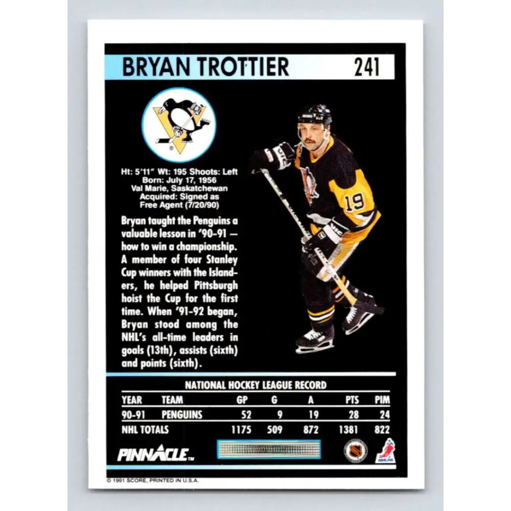 1991-92 Pinnacle #241 Bryan Trottier NM-MT Pittsburgh Penguins Hockey Card Image 2