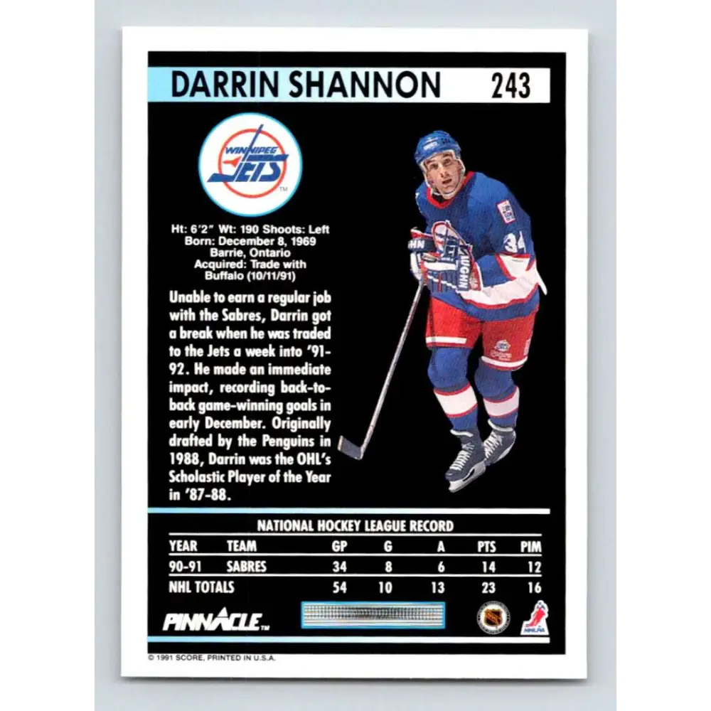 1991-92 Pinnacle #243 Darrin Shannon NM-MT Winnipeg Jets Hockey Card Image 2