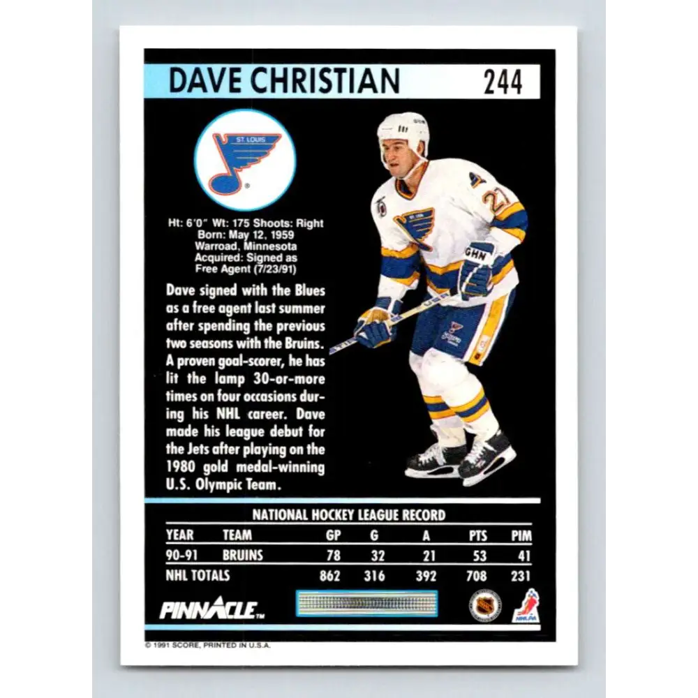 1991-92 Pinnacle #244 Dave Christian NM-MT St. Louis Blues Hockey Card Image 2