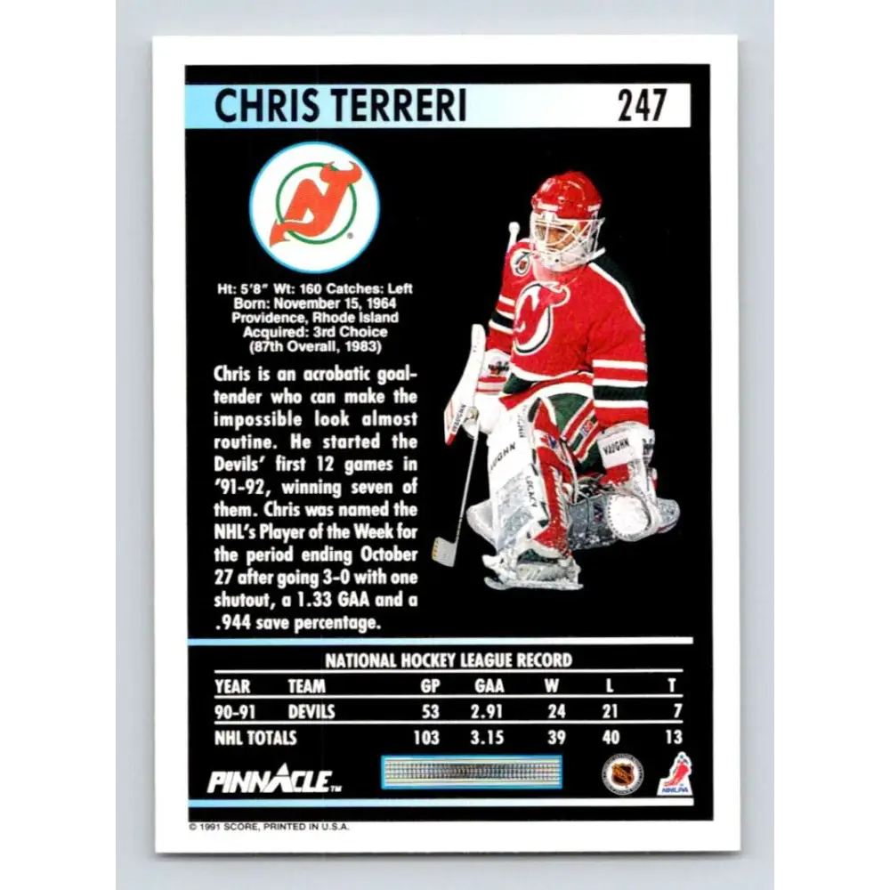 1991-92 Pinnacle #247 Chris Terreri NM-MT New Jersey Devils Hockey Card Image 2