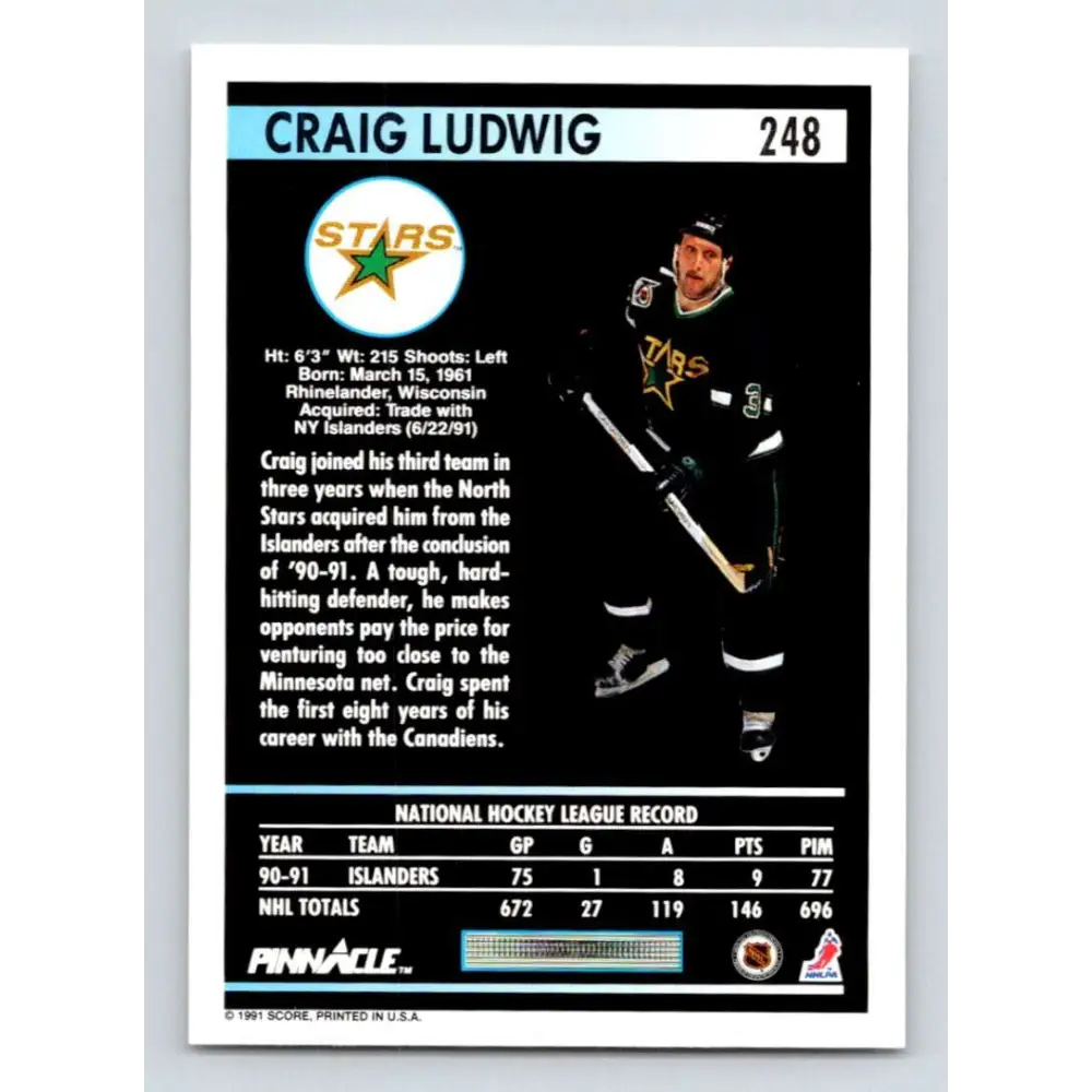 1991-92 Pinnacle #248 Craig Ludwig NM-MT Minnesota North Stars Hockey Card Image 2