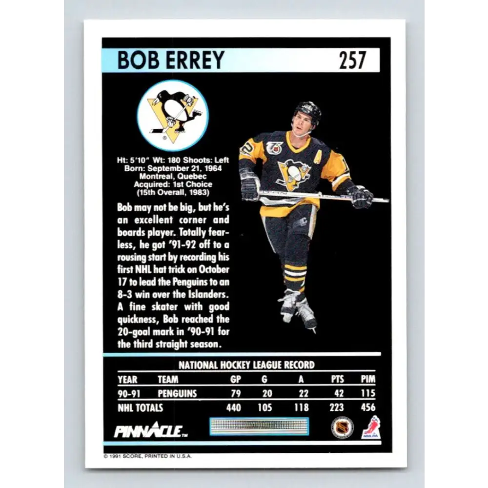 1991-92 Pinnacle #257 Bob Errey NM-MT Pittsburgh Penguins Hockey Card Image 2