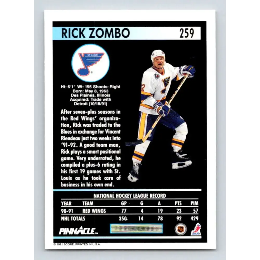 1991-92 Pinnacle #259 Rick Zombo NM-MT St. Louis Blues Hockey Card Image 2