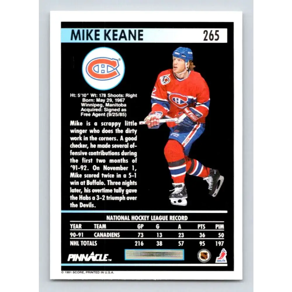 1991-92 Pinnacle #265 Mike Keane NM-MT Montreal Canadiens Hockey Card Image 2