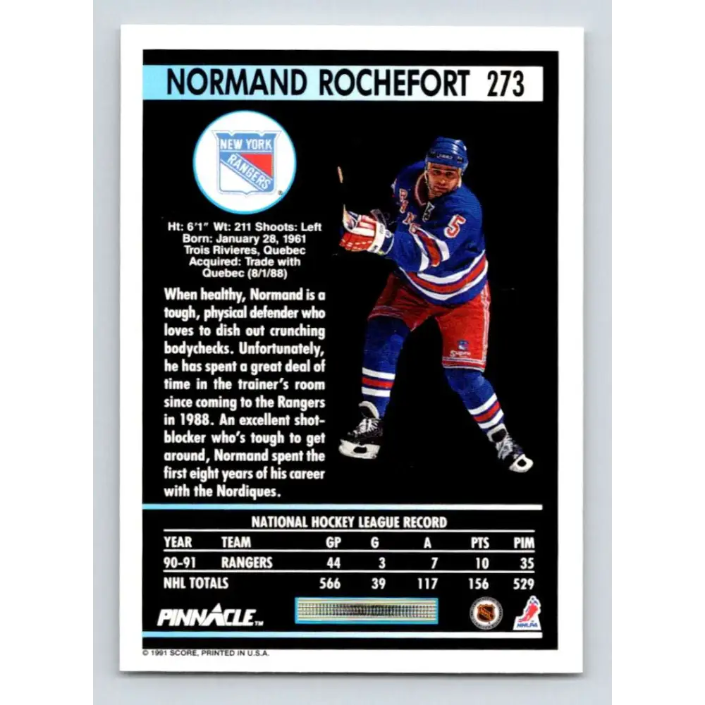 1991-92 Pinnacle #273 Normand Rochefort NM-MT New York Rangers Hockey Card Image 2