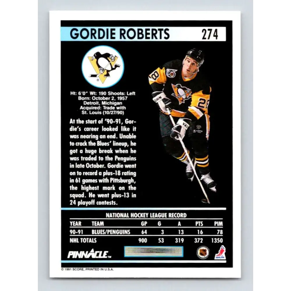 1991-92 Pinnacle #274 Gordie Roberts NM-MT Pittsburgh Penguins Hockey Card Image 2
