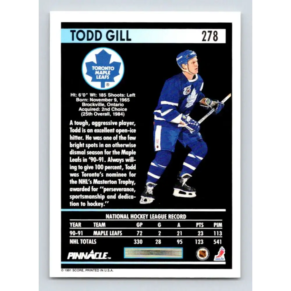 1991-92 Pinnacle #278 Todd Gill NM-MT Toronto Maple Leafs Hockey Card Image 2