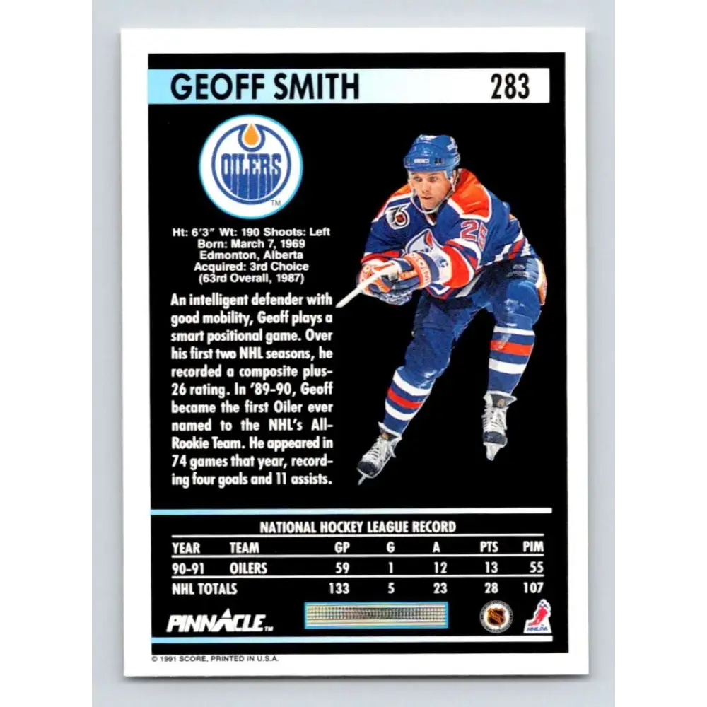 1991-92 Pinnacle #283 Geoff Smith NM-MT Edmonton Oilers Hockey Card Image 2