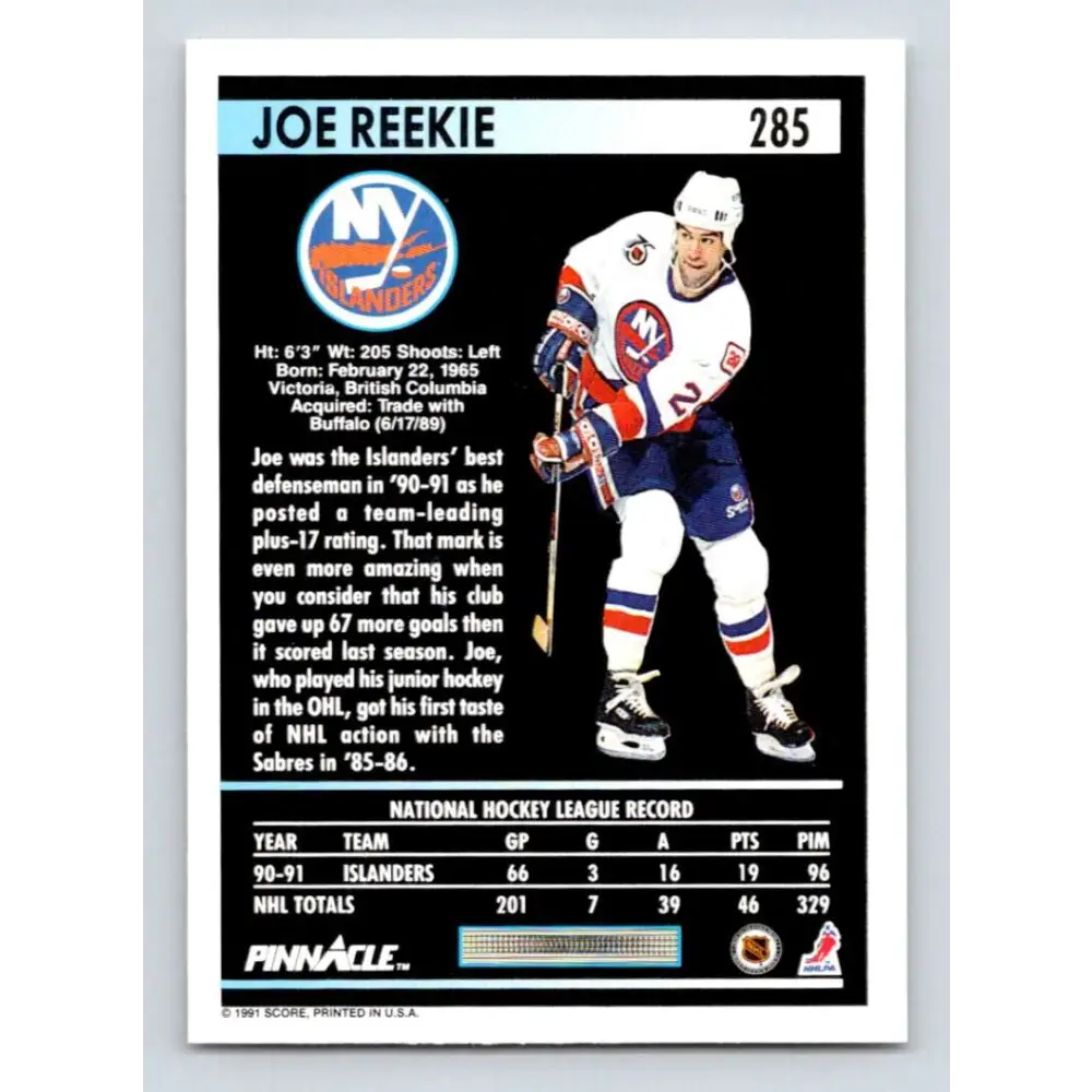 1991-92 Pinnacle #285 Joe Reekie NM-MT New York Islanders Hockey Card Image 2