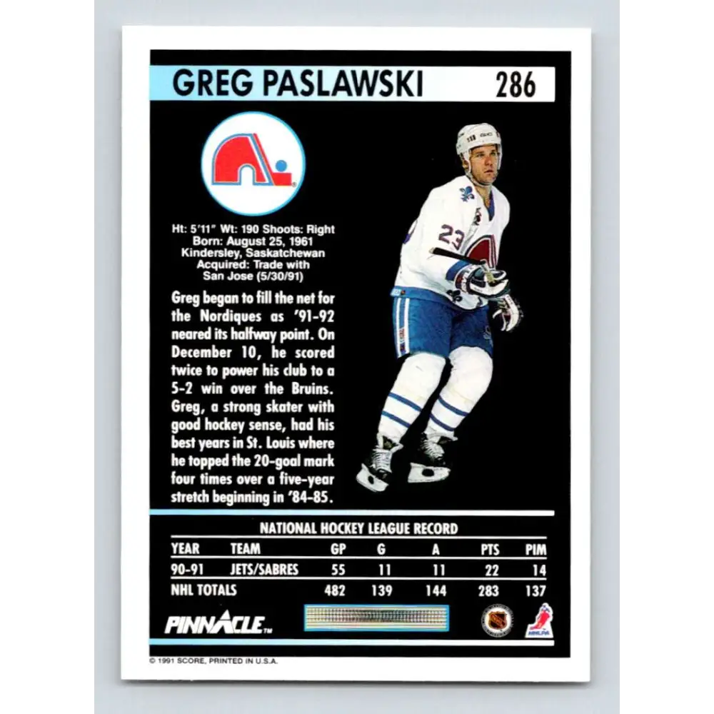 1991-92 Pinnacle #286 Greg Paslawski NM-MT Quebec Nordiques Hockey Card Image 2