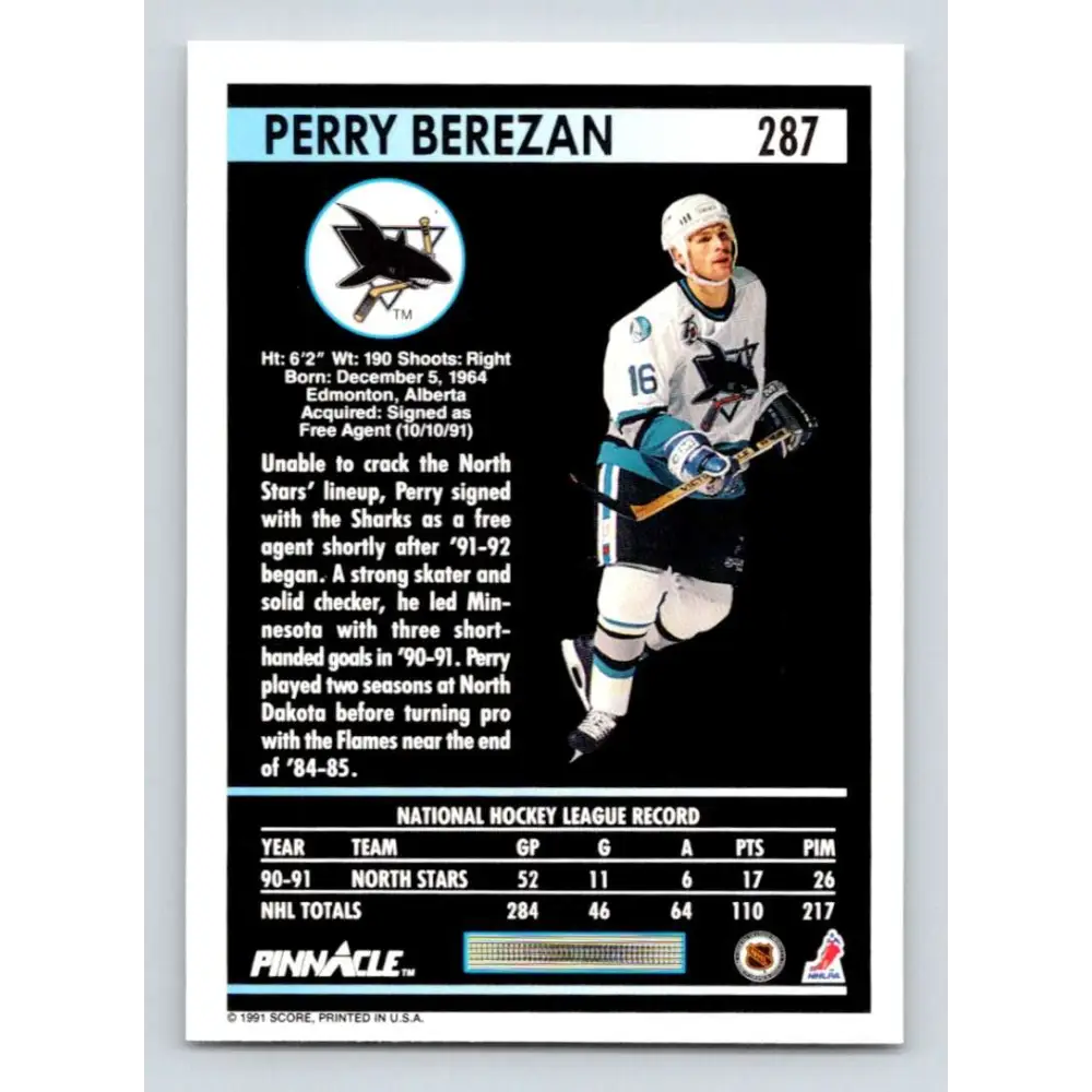 1991-92 Pinnacle #287 Perry Berezan NM-MT San Jose Sharks Hockey Card Image 2