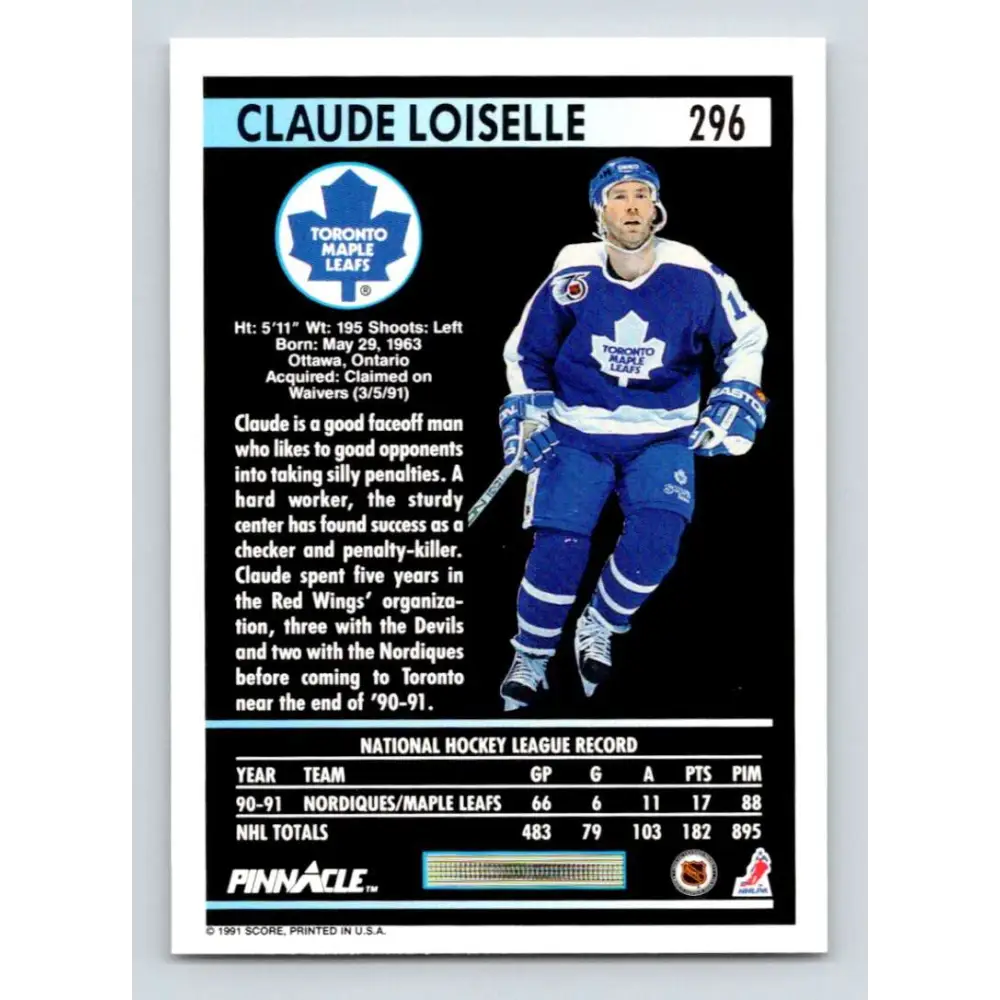 1991-92 Pinnacle #296 Claude Loiselle NM-MT Toronto Maple Leafs Hockey Card Image 2