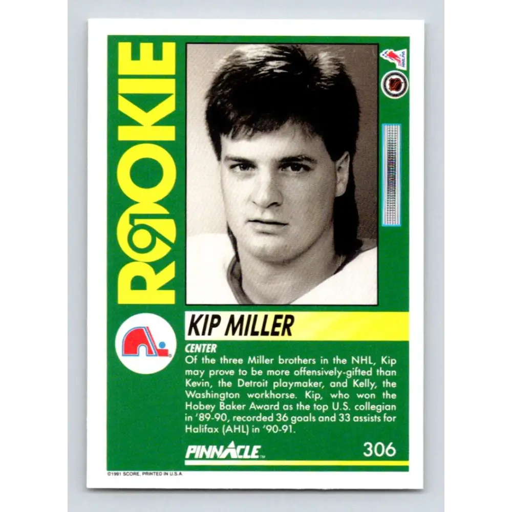 1991-92 Pinnacle #306 Kip Miller NM-MT Quebec Nordiques Hockey Card Image 2