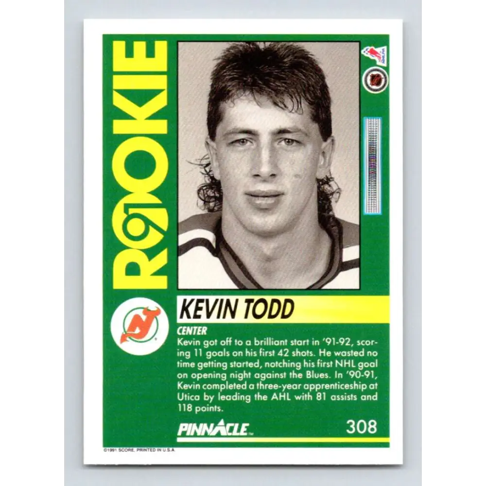 1991-92 Pinnacle #308 Kevin Todd NM-MT RC Rookie New Jersey Devils Hockey Card Image 2