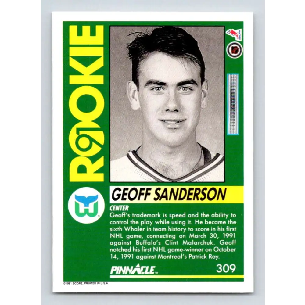 1991-92 Pinnacle #309 Geoff Sanderson NM-MT RC Rookie Hartford Whalers Hockey Card Image 2