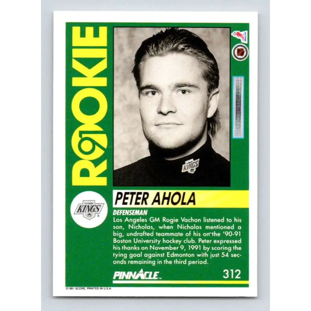 1991-92 Pinnacle #312 Peter Ahola NM-MT RC Rookie Los Angeles Kings Hockey Card Image 2